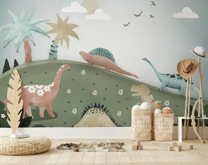 Whimsical Green Dinosaur Kids Wall Mural