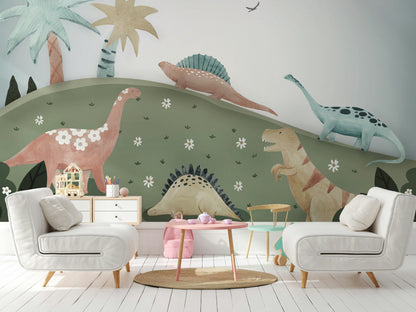 Whimsical Green Dinosaur Kids Wall Mural
