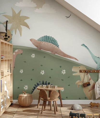 Whimsical Green Dinosaur Kids Wall Mural