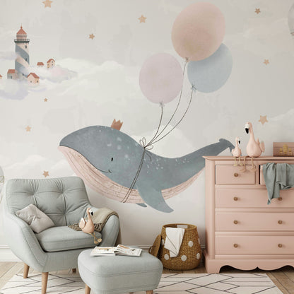 Whimsical Whale with Balloons Kids Wall Mural