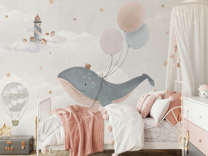 Whimsical Whale with Balloons Kids Wall Mural