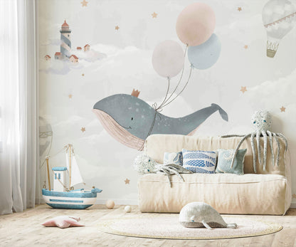 Whimsical Whale with Balloons Kids Wall Mural
