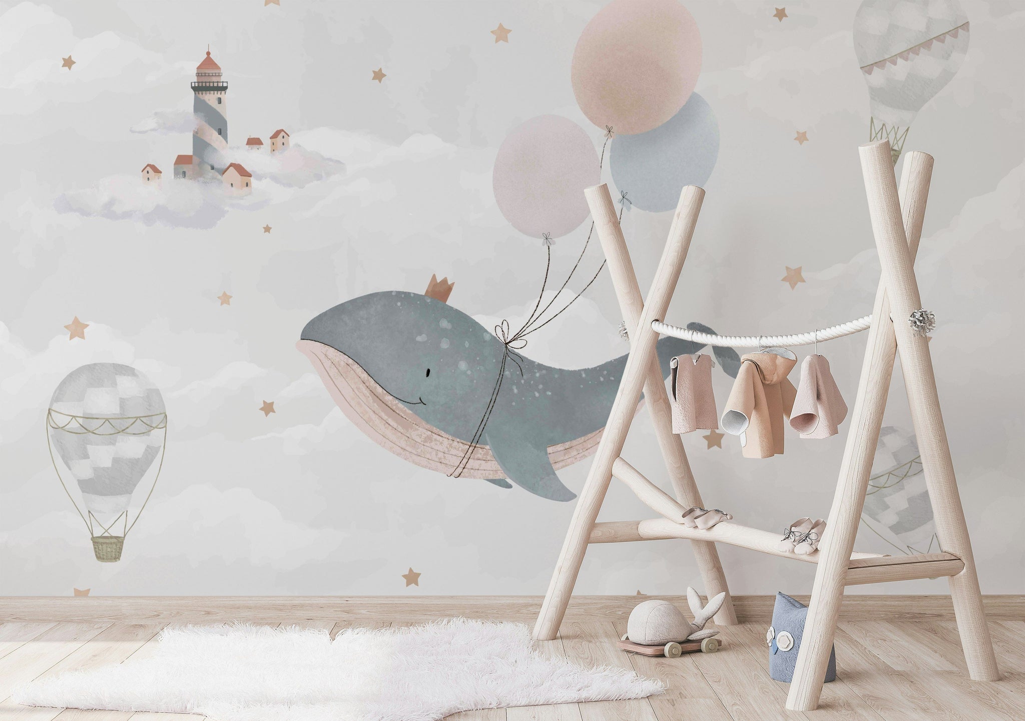 Whimsical Whale with Balloons Kids Wall Mural