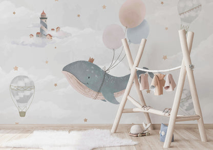Whimsical Whale with Balloons Kids Wall Mural