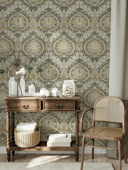 Ornate Damask Wallpaper Vintage Gray Botanical Wall Mural