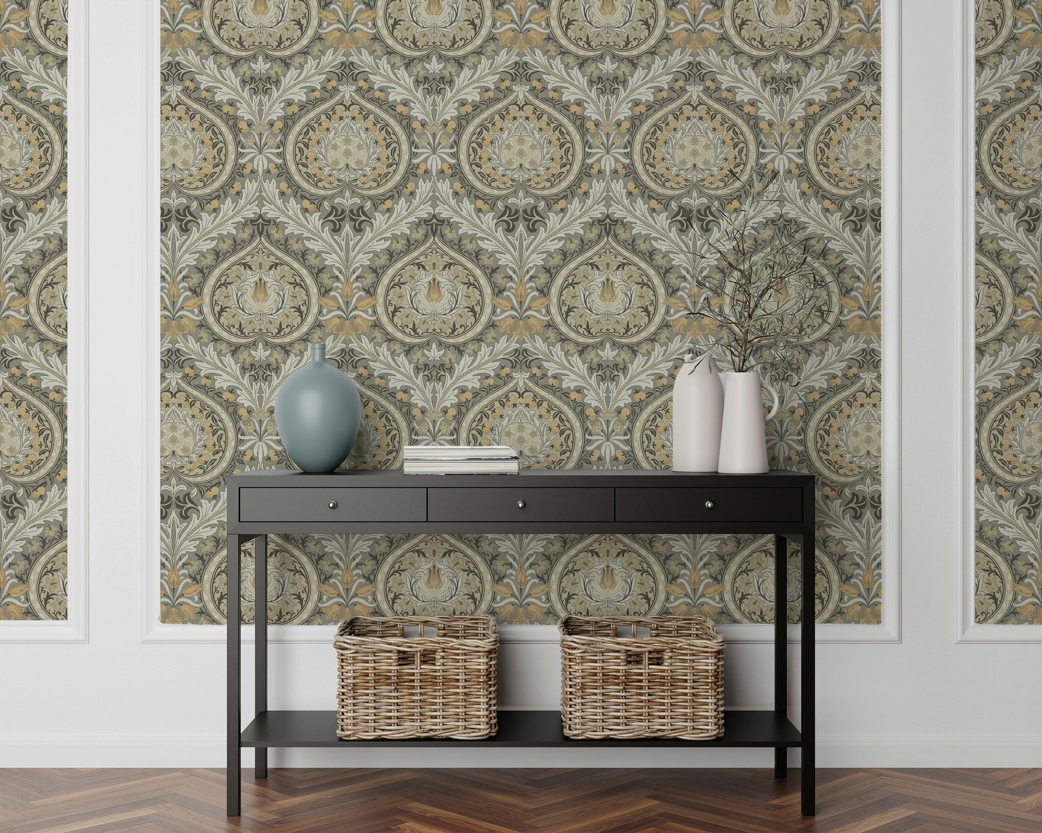 Ornate Damask Wallpaper Vintage Gray Botanical Wall Mural