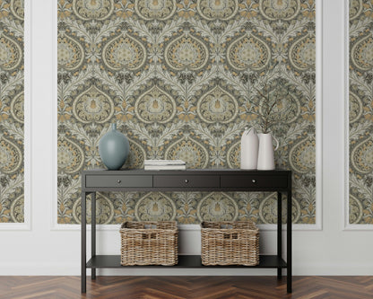 Ornate Damask Wallpaper Vintage Gray Botanical Wall Mural