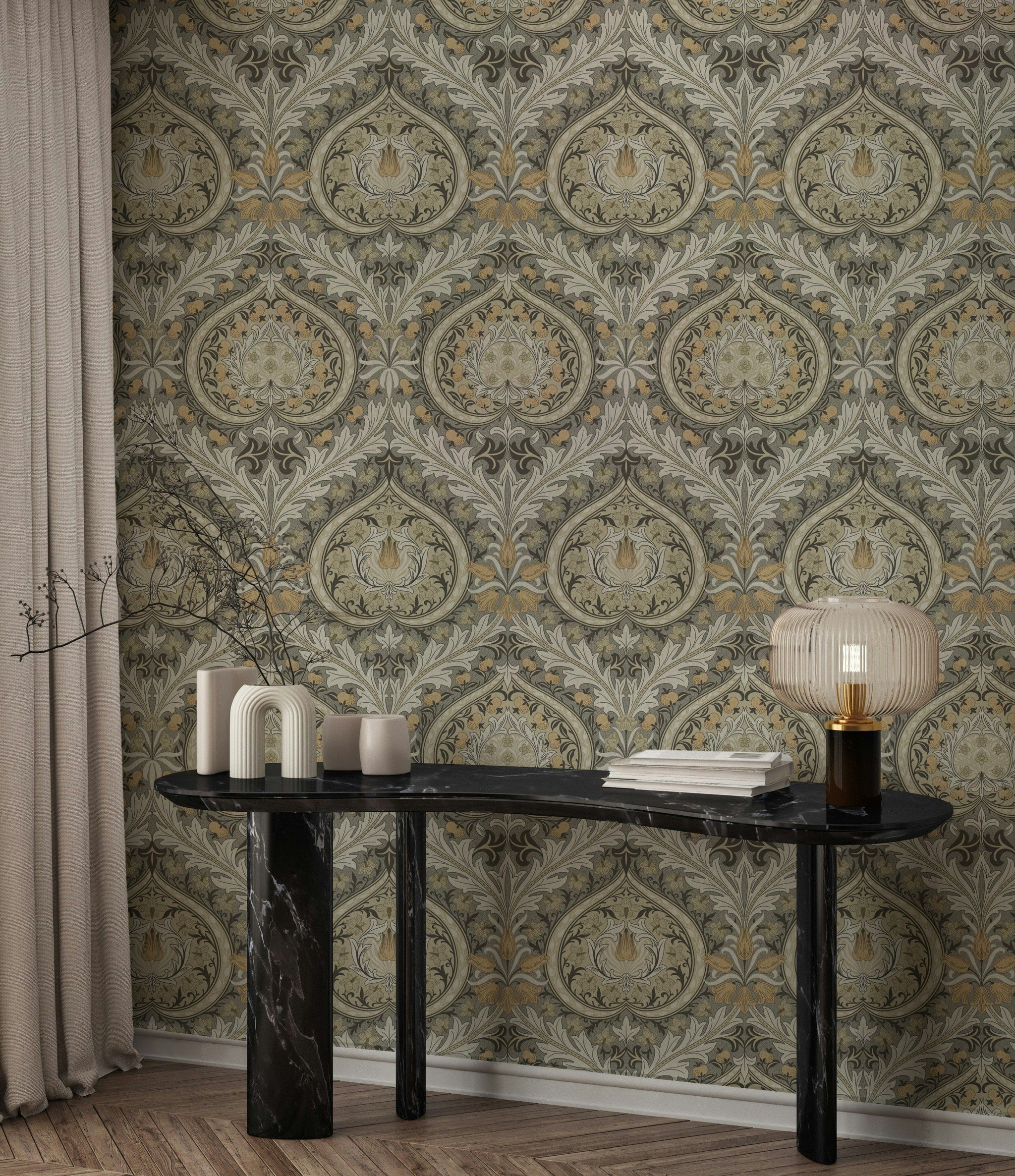 Ornate Damask Wallpaper Vintage Gray Botanical Wall Mural