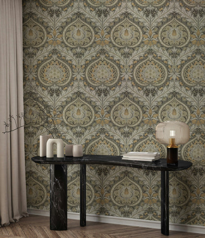 Ornate Damask Wallpaper Vintage Gray Botanical Wall Mural
