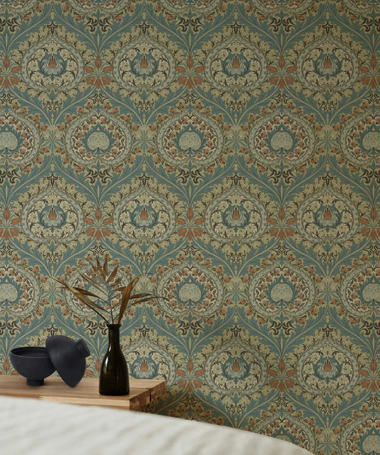 Vintage Damask Wallpaper Teal Floral Medallion Wall Mural