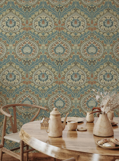 Vintage Damask Wallpaper Teal Floral Medallion Wall Mural