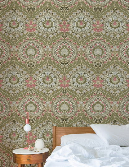 Vintage Floral Wallpaper Olive Damask Pattern Wall Mural