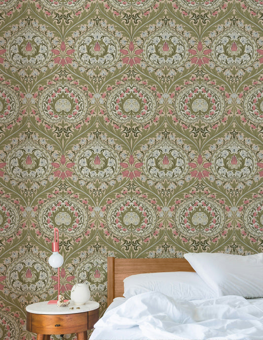 Vintage Floral Wallpaper Olive Damask Pattern Wall Mural