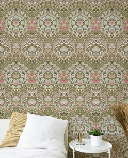 Vintage Floral Wallpaper Olive Damask Pattern Wall Mural