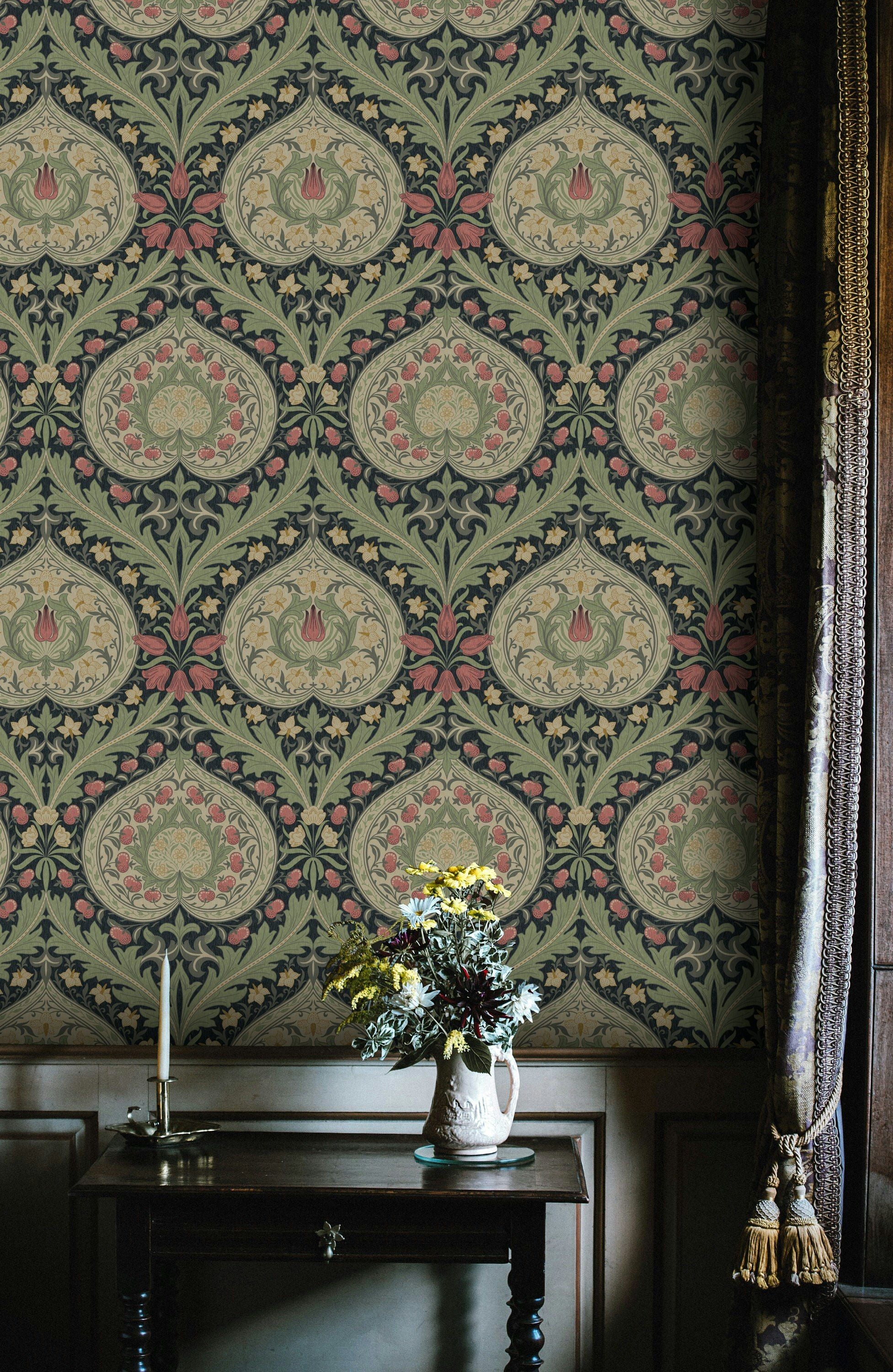 Vintage Floral Wallpaper Dark Green Damask Pattern Wall Mural