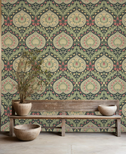Vintage Floral Wallpaper Dark Green Damask Pattern Wall Mural