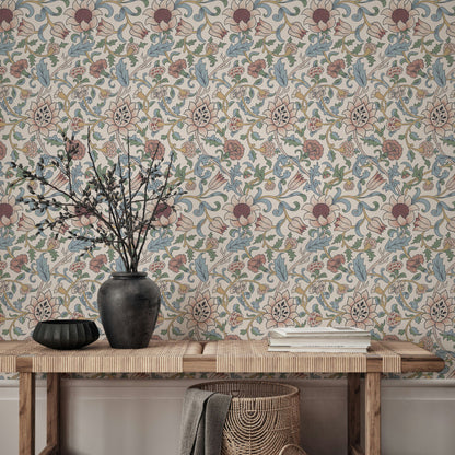 Vintage Floral Wallpaper Blue Leaves Pink Flowers Wall Mural