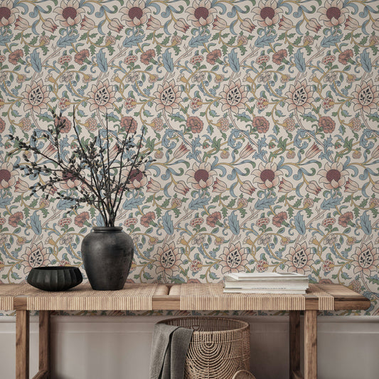 Vintage Floral Wallpaper Blue Leaves Pink Flowers Wall Mural