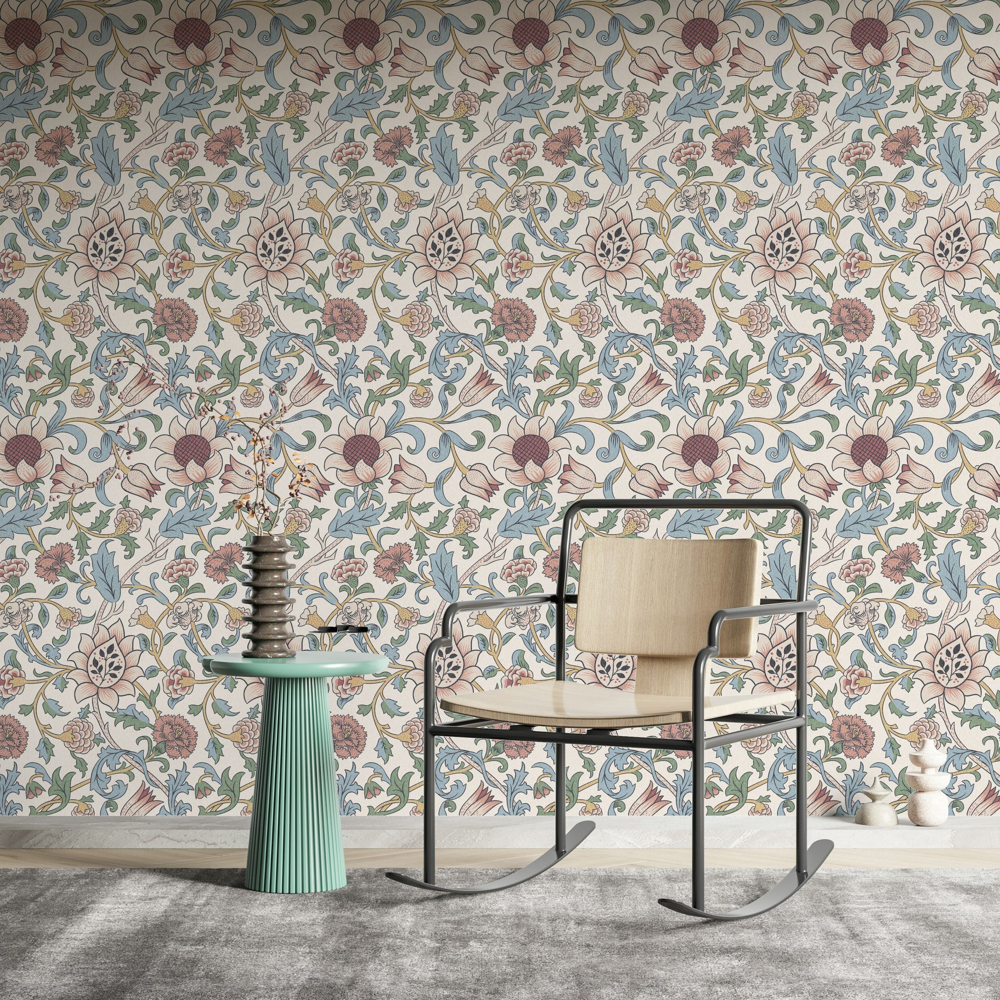 Vintage Floral Wallpaper Blue Leaves Pink Flowers Wall Mural