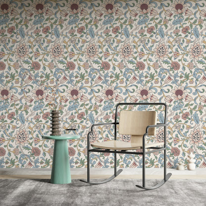 Vintage Floral Wallpaper Blue Leaves Pink Flowers Wall Mural