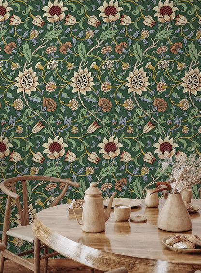 Vintage Floral Wallpaper Green Botanical Pattern Wall Mural