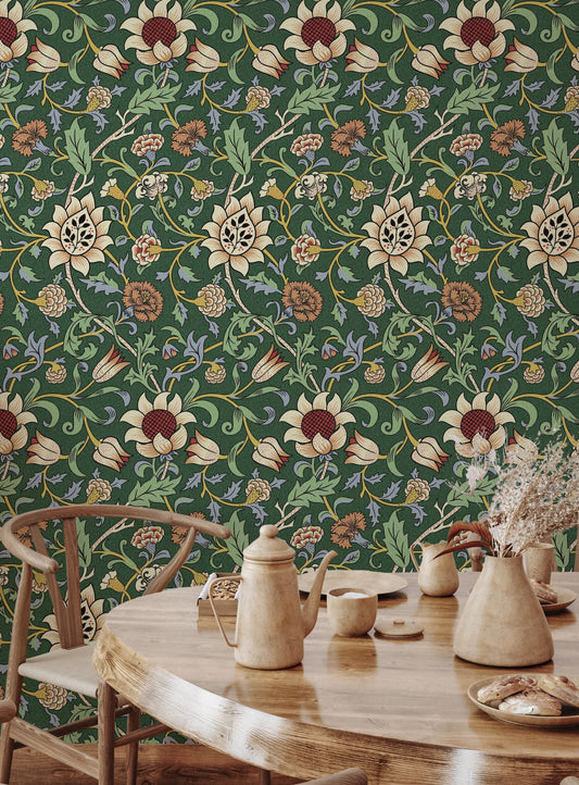 Vintage Floral Wallpaper Green Botanical Pattern Wall Mural