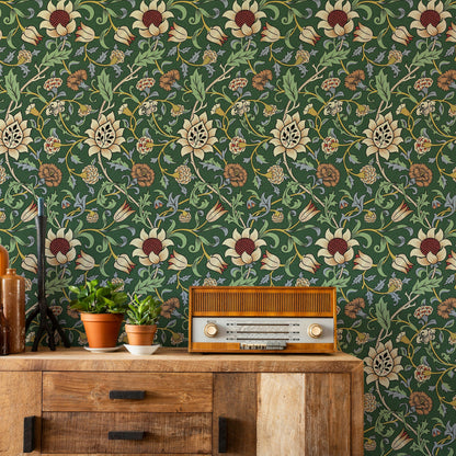 Vintage Floral Wallpaper Green Botanical Pattern Wall Mural