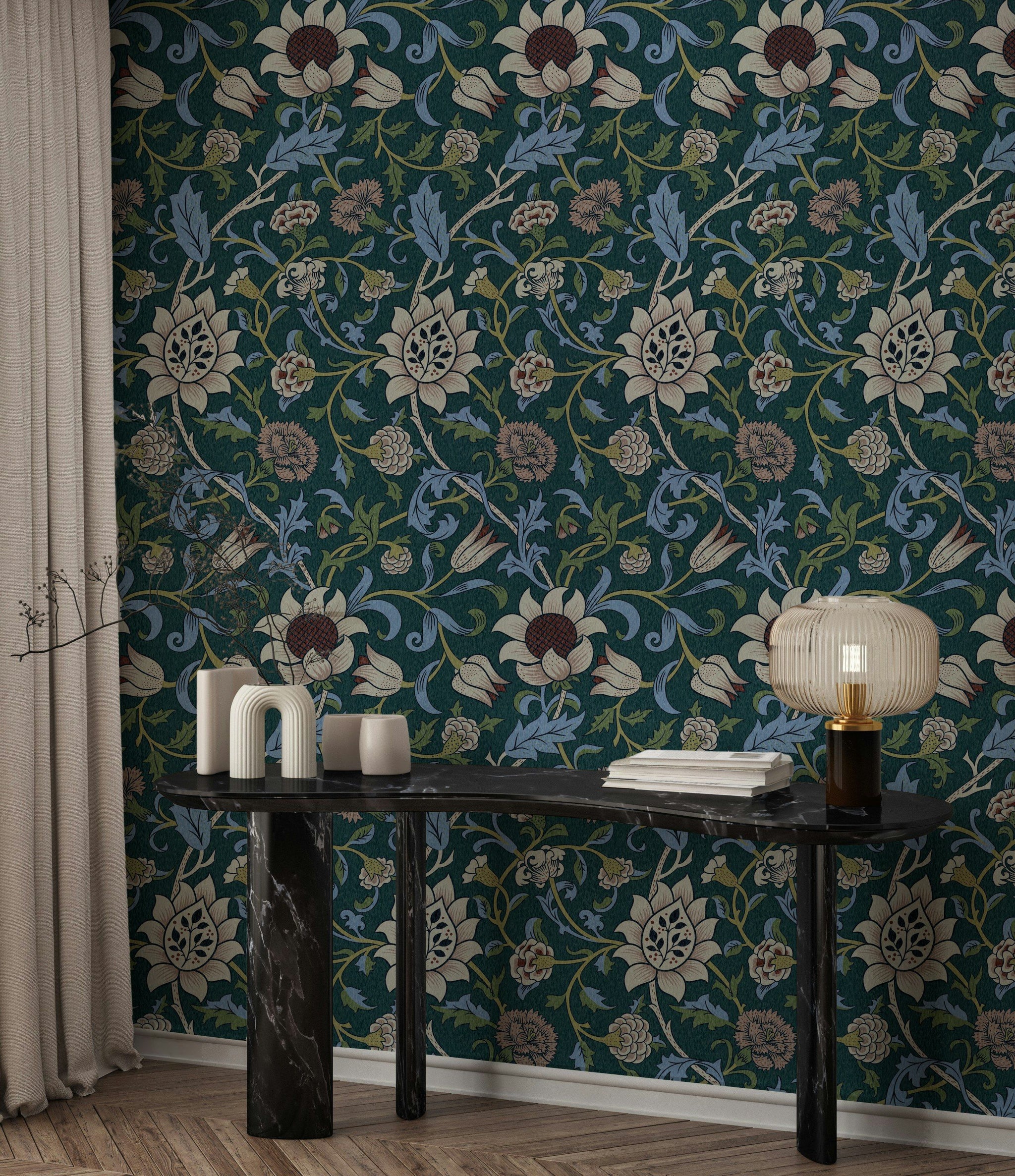 Vintage Floral Wallpaper Dark Teal Botanical Pattern Wall Mural