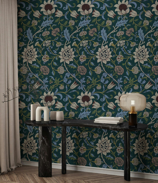 Vintage Floral Wallpaper Dark Teal Botanical Pattern Wall Mural