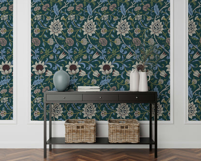 Vintage Floral Wallpaper Dark Teal Botanical Pattern Wall Mural