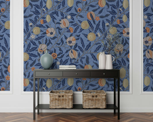 Vintage Floral Wallpaper Blue Orchard Fruit Branches Wall Mural
