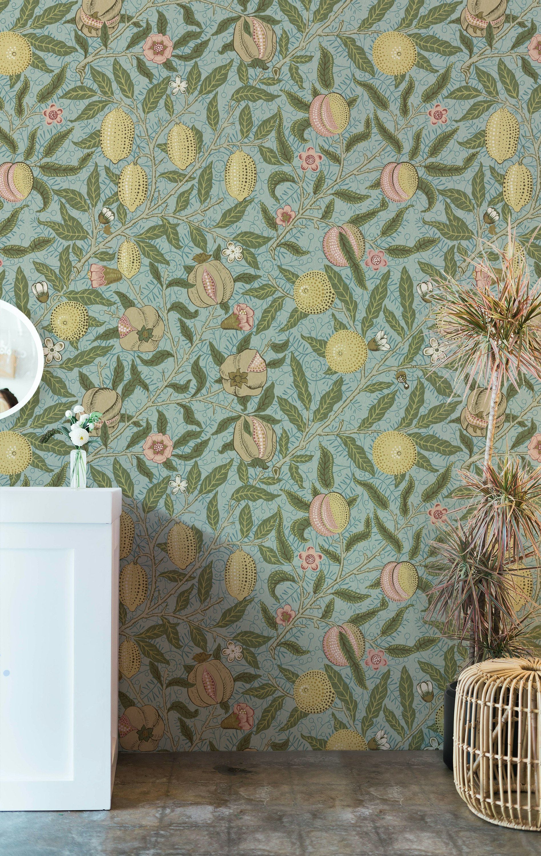 Botanical Fruit Wallpaper Blue Vine Pattern Wall Mural