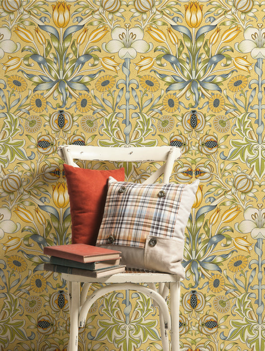 Vintage Floral Wallpaper Golden Tulips and Daisies Wall Mural