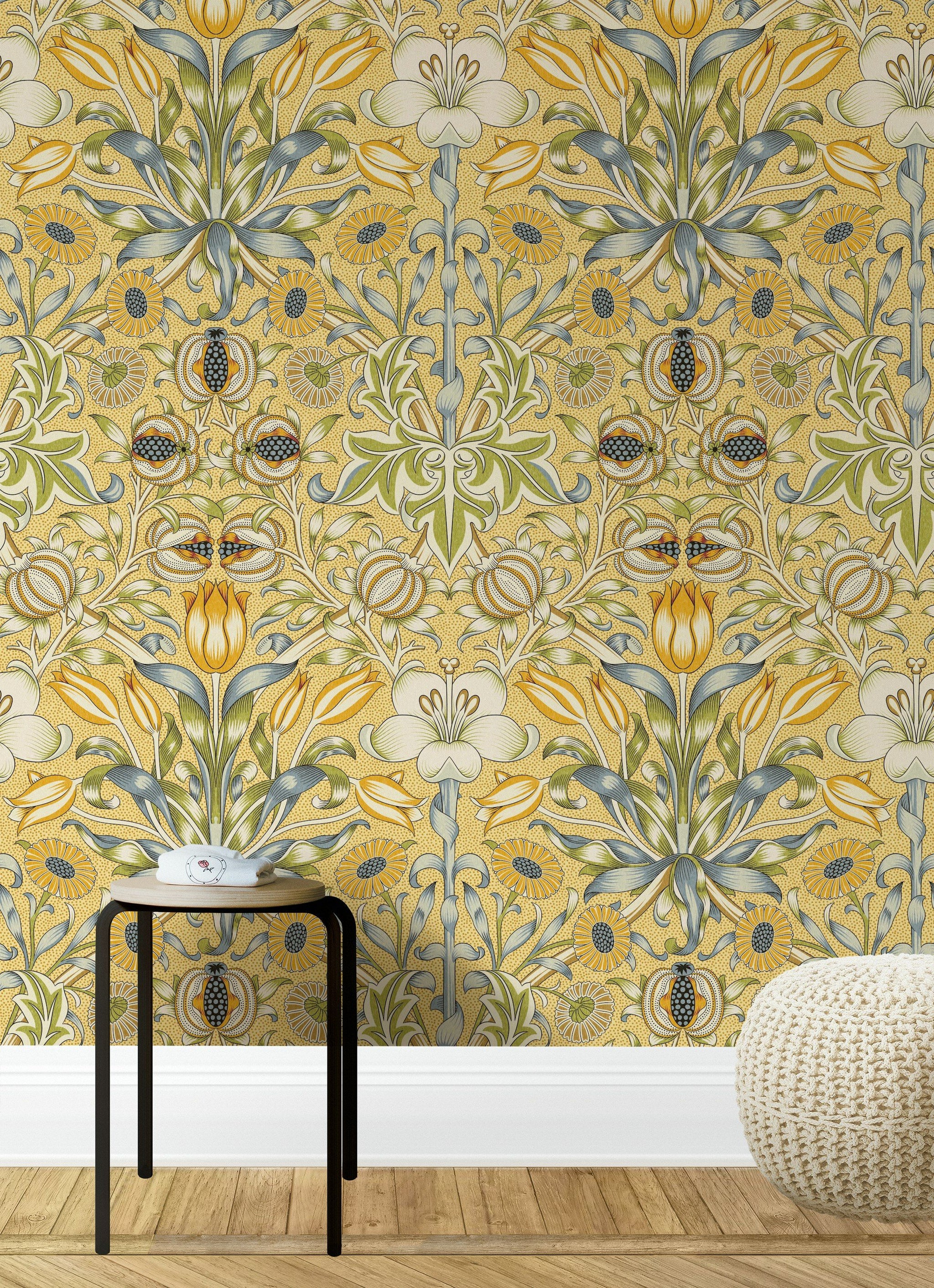 Vintage Floral Wallpaper Golden Tulips and Daisies Wall Mural