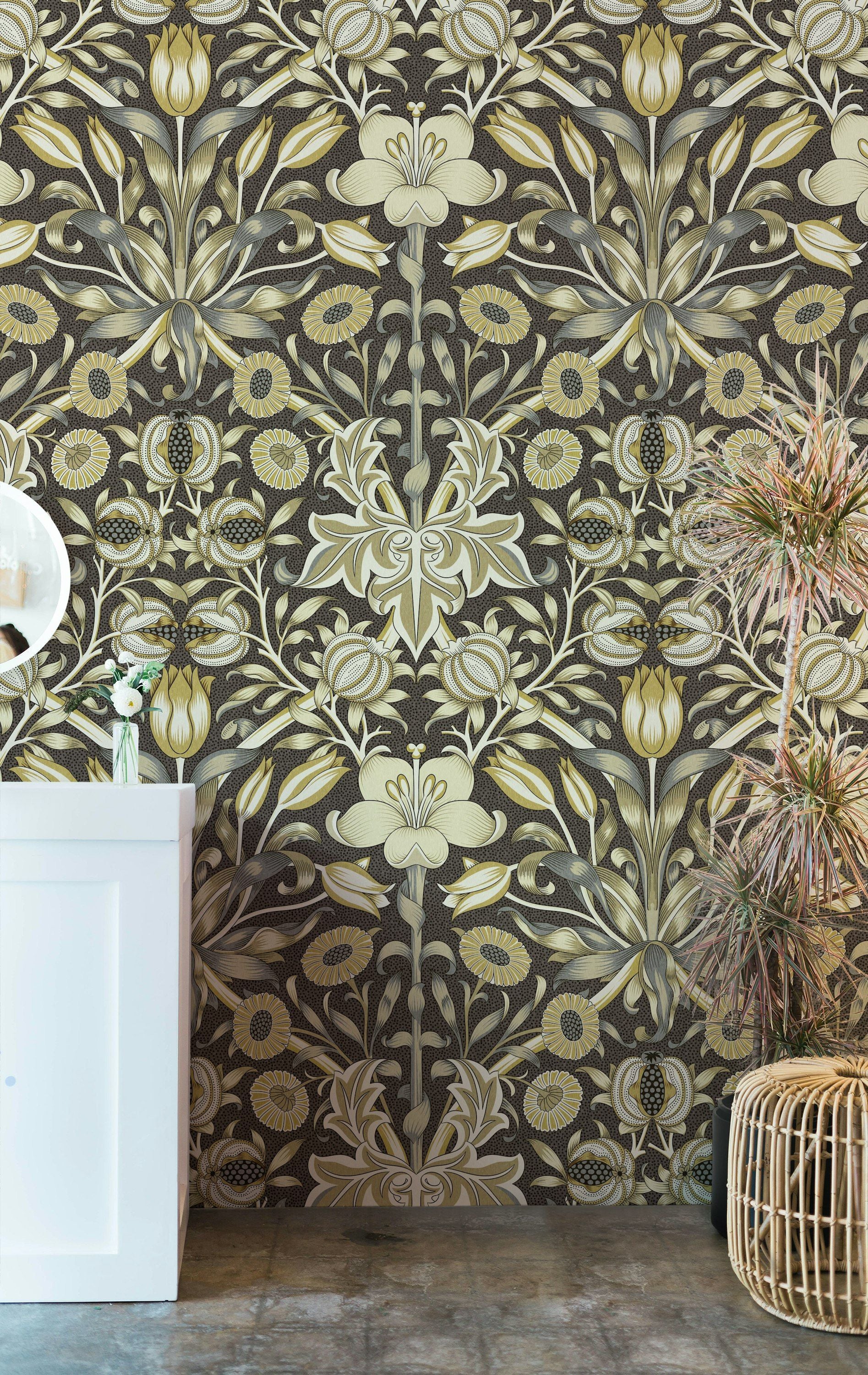 Vintage Floral Wallpaper Olive Botanical Pattern Wall Mural