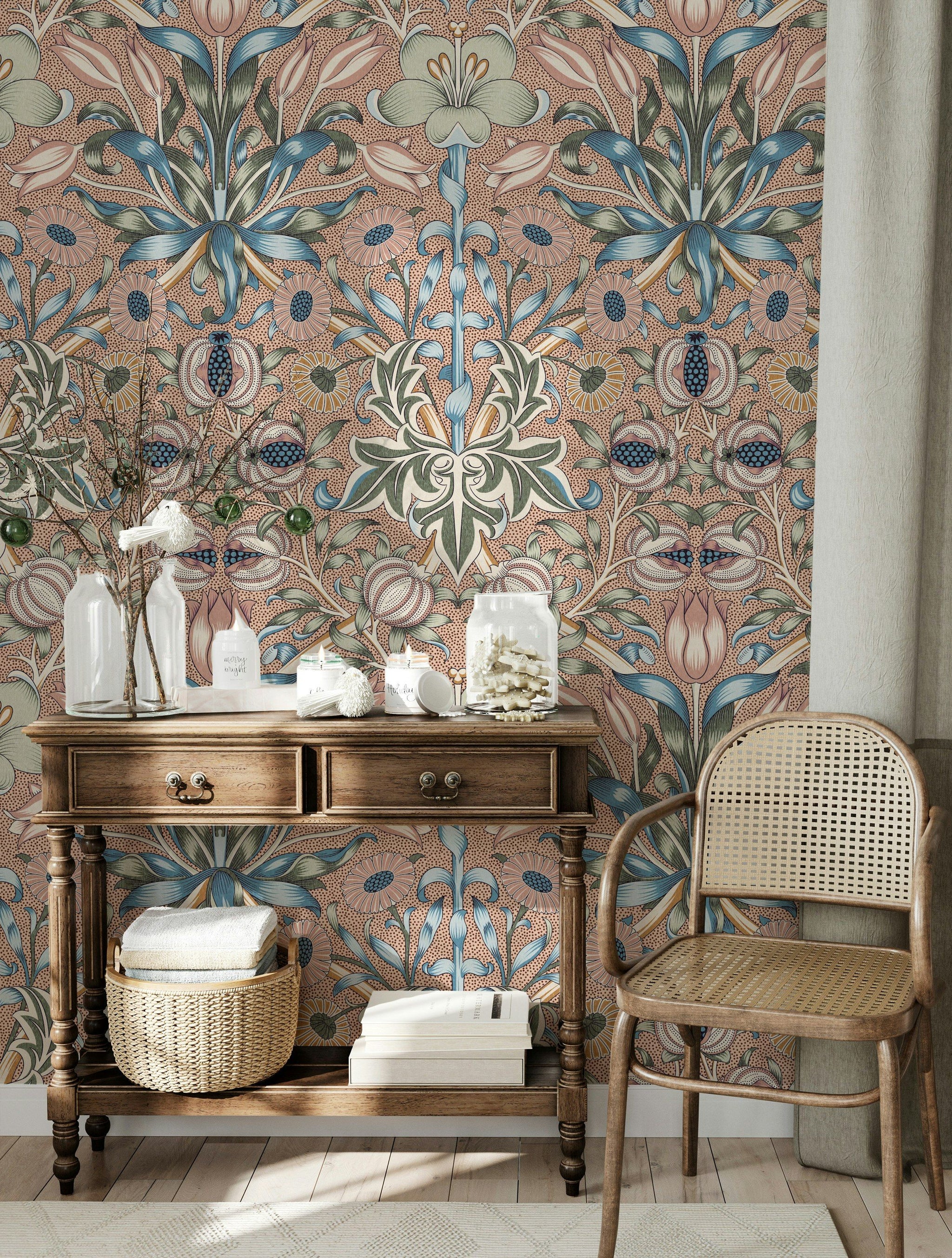 Vintage Floral Wallpaper Blue Green Botanical Pattern Wall Mural