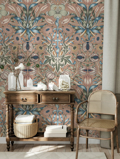Vintage Floral Wallpaper Blue Green Botanical Pattern Wall Mural