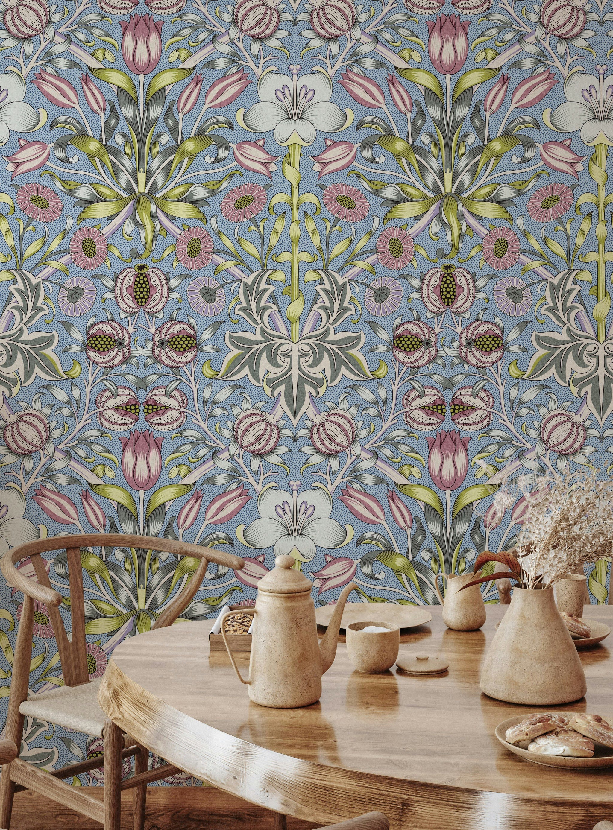 Vintage Floral Wallpaper Blue Tulip Pattern Wall Mural