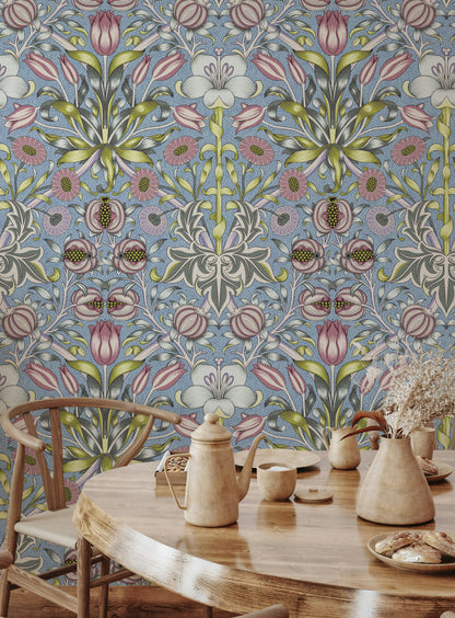 Vintage Floral Wallpaper Blue Tulip Pattern Wall Mural