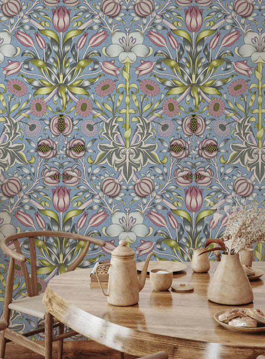 Vintage Floral Wallpaper Blue Tulip Pattern Wall Mural