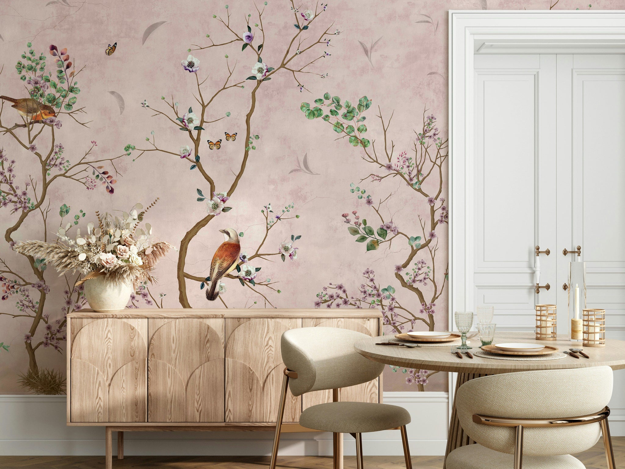 Chinoiserie Bird Branches Wallpaper Vintage Wall Mural