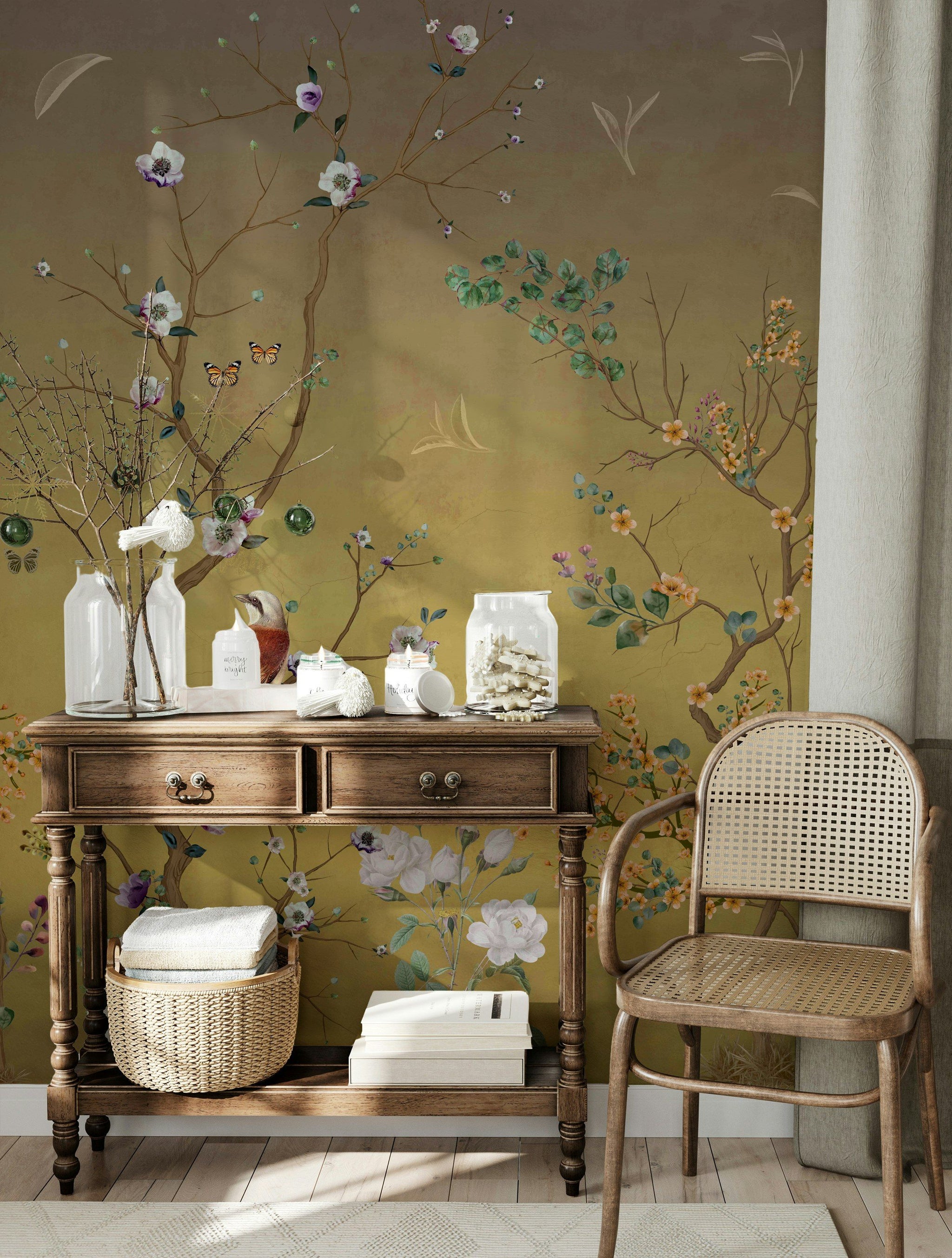Vintage Bird and Blossom Wallpaper Nature Mural