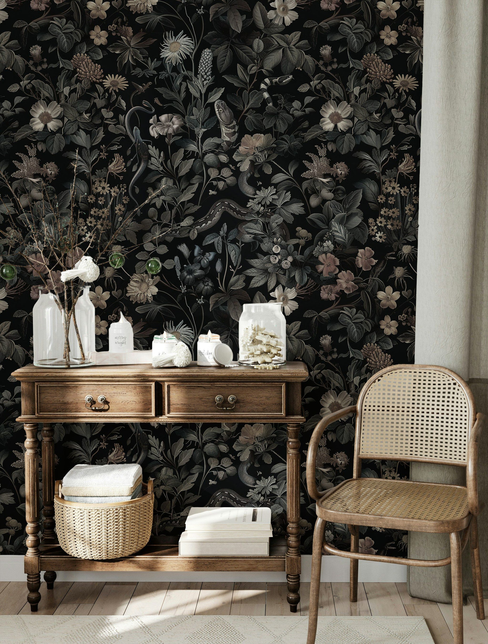 Midnight Botanical Snake Floral Wallpaper