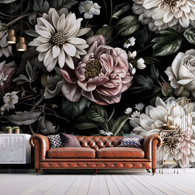 Elegant Black and Blush Pink Rose Floral Wall Mural