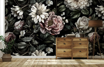 Elegant Black and Blush Pink Rose Floral Wall Mural - 2