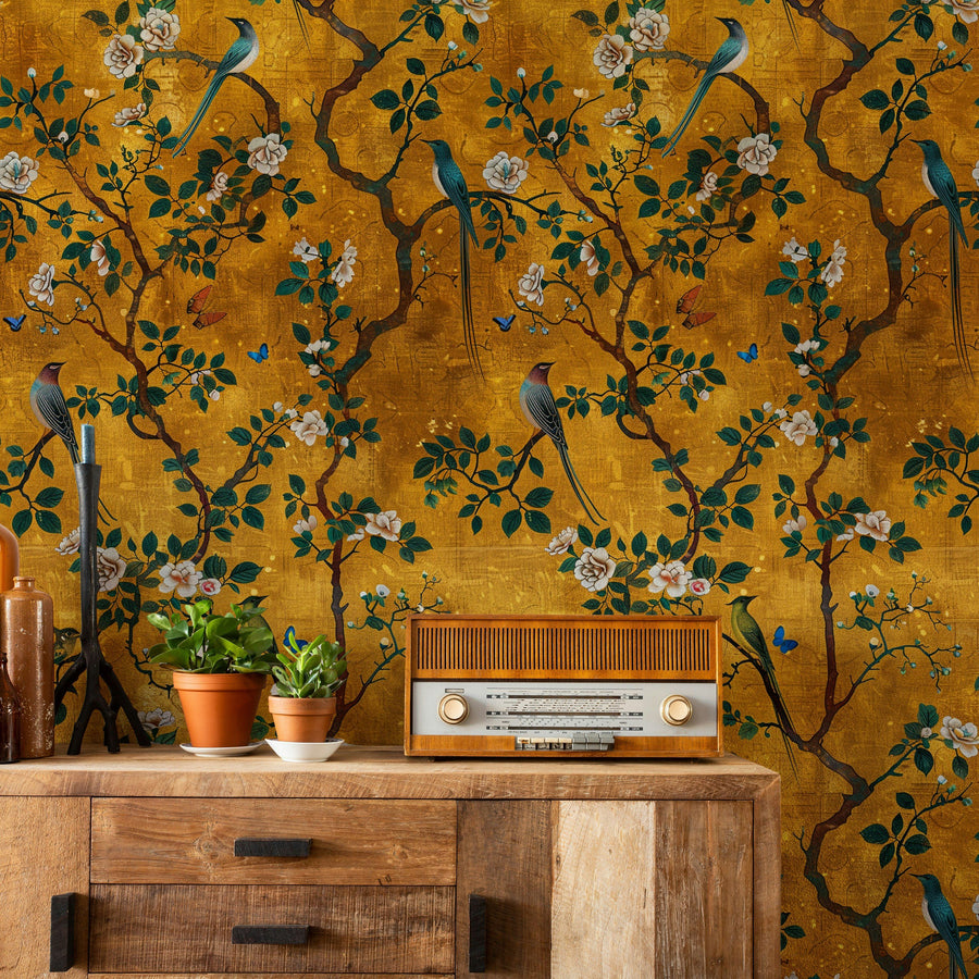Golden Look Chinoiserie Birds and Roses Wallpaper