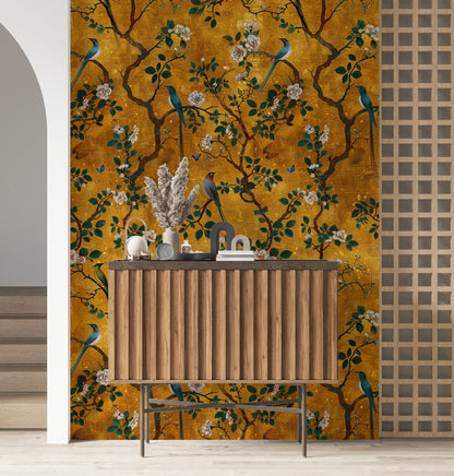 Golden Chinoiserie Birds and Roses Wallpaper