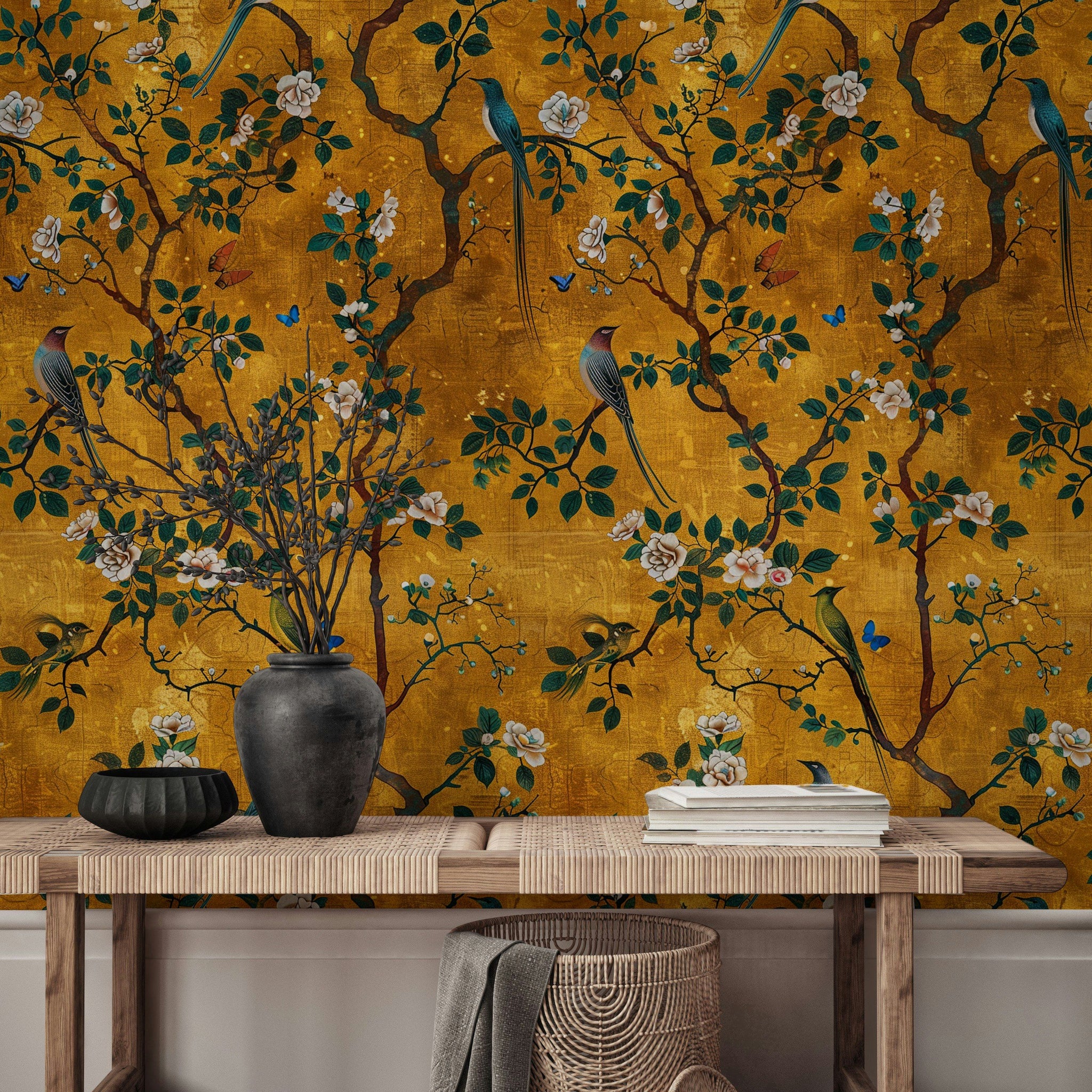 Golden Chinoiserie Birds and Roses Wallpaper