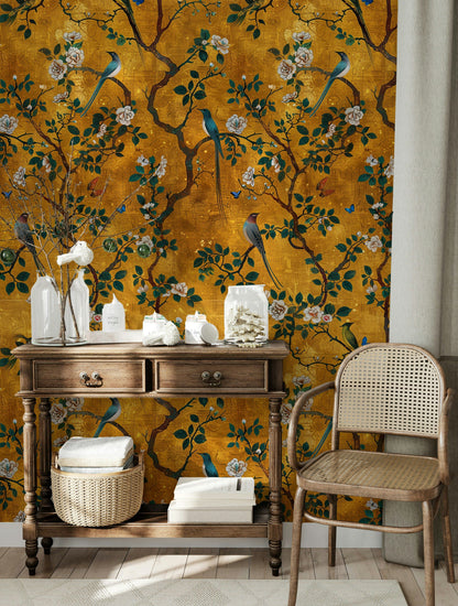 Golden Chinoiserie Birds and Roses Wallpaper