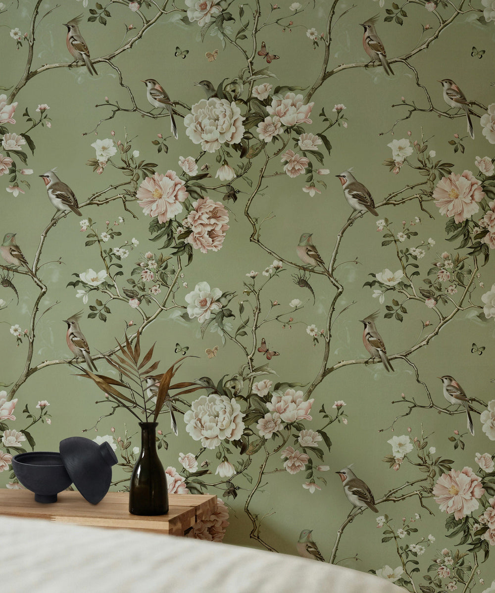 Soft Green Botanical Peonies and Birds Wallpaper